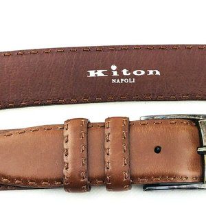 KITON Mens Belt 42” Brown Leather STERLING SILVER